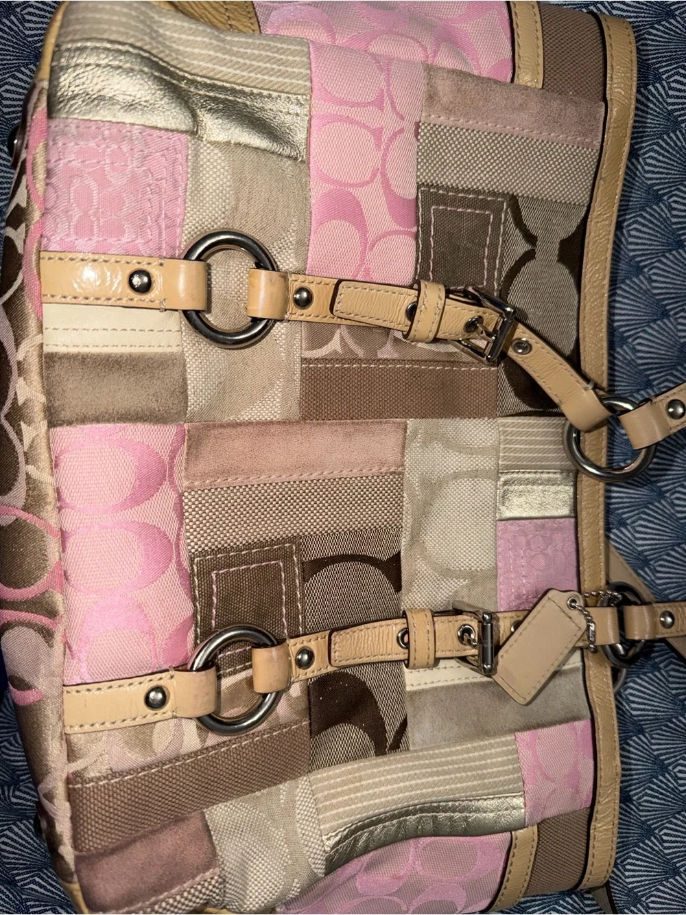 Coach Pink and Brown Patchwork Leather-Trim Tote